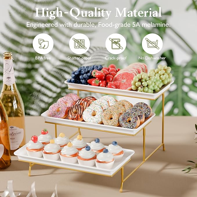 3-Tier Melamine Serving Tray Set, 14"x7" Platters for Serving Food, White Reusable Trays with Golden Metal Display Stand for Cupcakes, Sevring Food, Dessert, Fruit, Cookie, 24K Gold-Plated