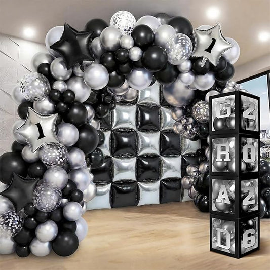 Seenelling 133 Pcs Graduation Decorations 2026 Set Black Sliver Balloons Boxes with Letters 2026 Grad Square Foil Balloons Complete Party Supplies for High School College Celebrations