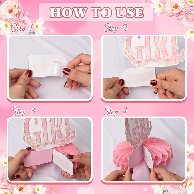 It's a Girl Baby Shower Decorations - 12 Pcs Pink Honeycomb Centerpieces for Tables, Pink Floral Baby Shower Table Decorations for Girl, Gender Reveal Party Supplies, Baby Shower Toppers