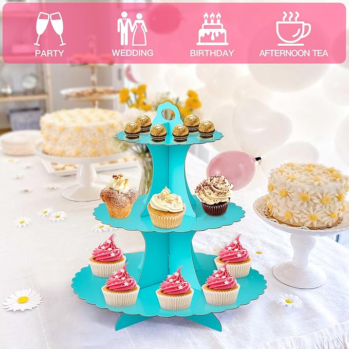 Soleebee 3-Tier Cupcake Stand, Cardboard Cupcake Tower, Dessert Cup Cake Stand Tower for Birthday Wedding Party Decoration, Cupcake Tier Stand 1 Set (Blue)