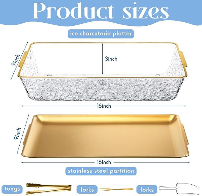 Baderke 2 Sets 16" x 9" Chilled Serving Tray for Parties with Compartments and Lid Charcuterie Serving Board Ice Rectangle Chilled Party Platter for Seafood Vegetable Fruit Shrimp Cocktail (Gold)