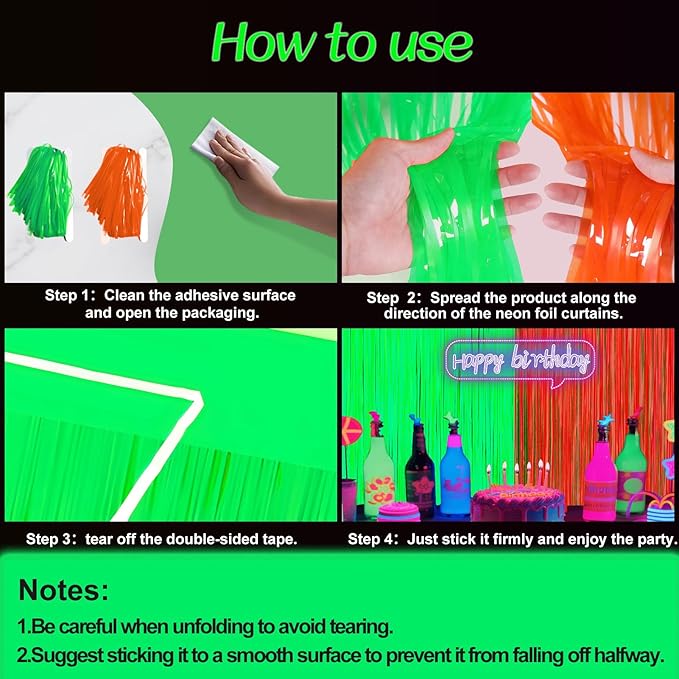 Glow in The Dark Party Supplies 2 Pack Neon Party Decorations Fluorescent Tinsel Foil Fringe Curtains Photo Booth Prop Backdrop Streamer Blacklight Decorations (Neon Green+Neon Orange)
