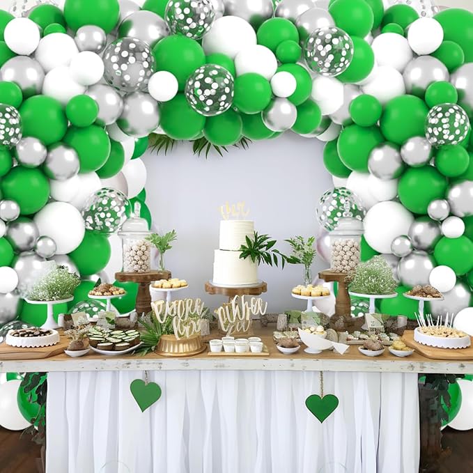 Green White Silver Balloon Arch Garland Kit - 122PCS Green White Balloons Metallic Silver Balloons St. Patrick's Balloons for Green Birthday Baby Shower Wedding Retirement Graduation Party Decorations