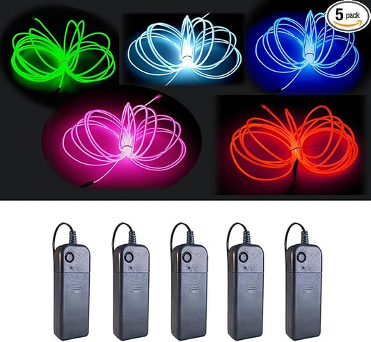 MaxLax EL Wire 5 Pack, 16.4ft Neon Light Wire Noise Reduction with Battery Pack(Green, Blue, Red, White, Pink)… (16.4ft)
