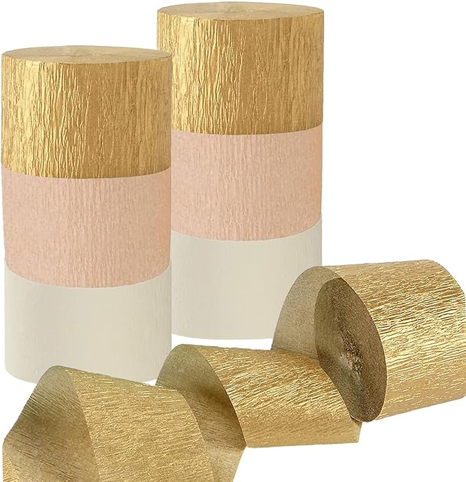 CC wonderland zone 6 Rolls Gold White Crepe Paper Streamers for Baby Shower Wedding Engagement Birthday Party Decorations(Gold,Cream,Khaki)