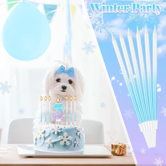 MTLEE Number 3 Birthday Candle Blue Snowflake with 6 Long Thin Cupcake Candles Blue Sparklers Glitter Number Happy Birthday Cake Topper Decorations for Winter Party Supplies