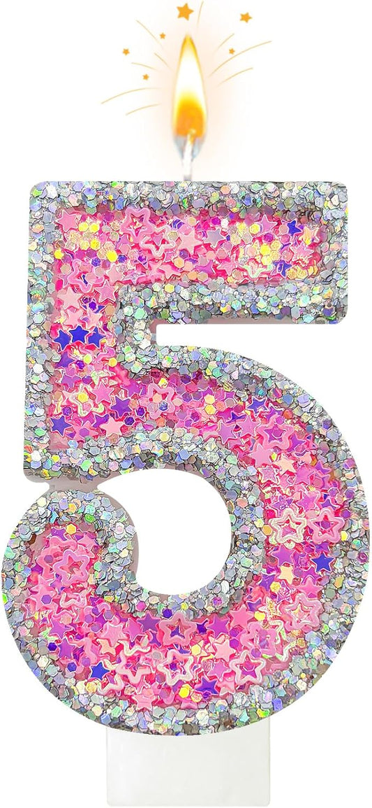 Number 5 Birthday Candle for Cake – Silver Glitter Edge with Pink Star Confetti – Decorative Number Cake Topper for Anniversary & Celebration Party Decor
