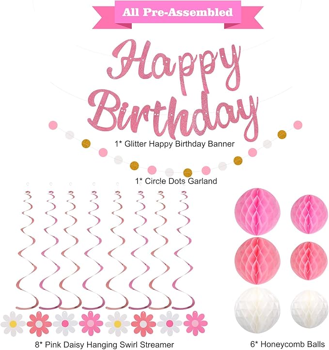 YEOCU Birthday Decorations, NO DIY, Pre-Strung Happy Birthday Banner with Honeycomb Balls, Hanging Swirls, Circle Dots Garland, Happy Birthday Party Decorations for Women Men Boys Girls (Pink)