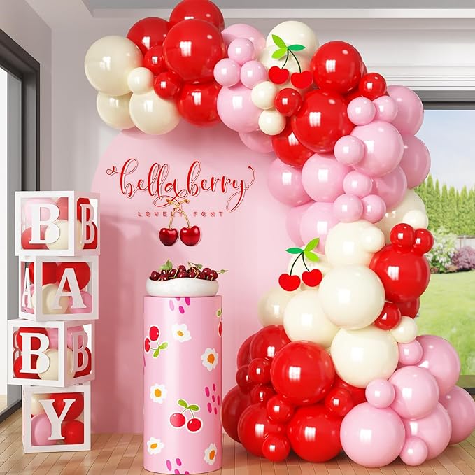 HILAVO Pink and Red Balloon Arch Kit Cherry Balloon Garland 91Pcs Red Baby Pink Pastel Yellow Party Balloon for Girls Sweet One Berry First Birthday Strawberry Baby Shower Party Decorations