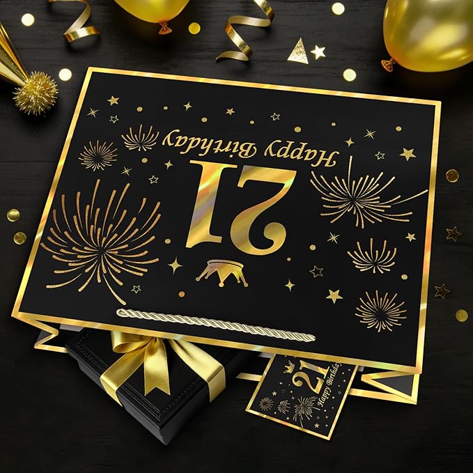 JMANNI Black Gold 21st Birthday Gift Bag with Card and Tissue Paper, 12.6"×9.84"×3.9" Elegant Present Bag for Adults, 21 Year Old Birthday Keepsake Party Supplies