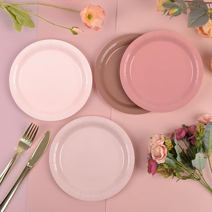 AimFun 24 Pcs Dusty Pink Paper Plates 7Inch Gradient Pink Party Plates 4 Colors Disposable Round Dessert Plates for Coquette Birthday Wedding Bridal Shower Party Supplies