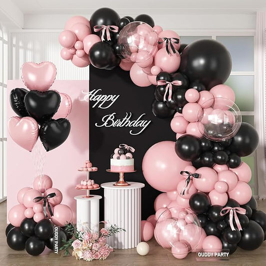 157Pcs Pink Black Balloon Garland Arch Kit, Baby Pink and Black Birthday Decorations with Bows Heart Foil Balloons for Girls Women Coquette Theme Birthday Wedding Bridal Baby Shower Party Decorations