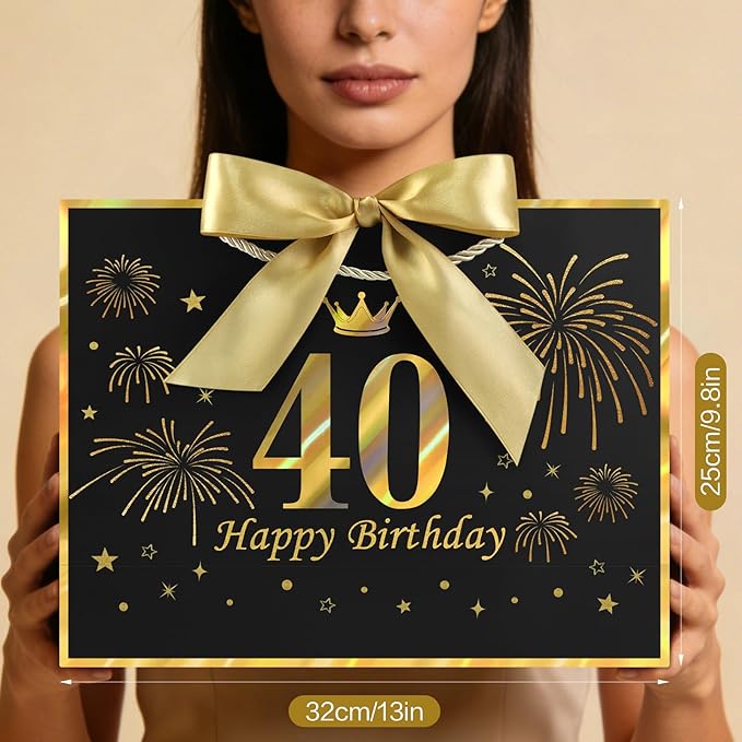 JMANNI Black Gold 40th Birthday Gift Bag with Card and Tissue Paper, 12.6"×9.84"×3.9" Elegant Present Bag for Adults, 40 Year Old Birthday Keepsake Party Supplies