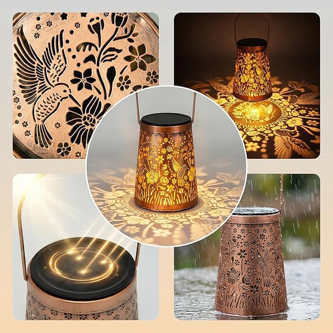 LeiDrail Hummingbird Solar Lanterns Outdoor 2 Pack, Hanging Waterproof Vintage Metal Lantern, Auto On/Off Garden Patio Yard Porch Pathway Decor, Warm White LED, Gifts for Women Mom Grandma