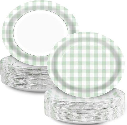 Green Gingham Oval Paper Plates 10’’x 12’’, Large Disposable Heavy Duty Green and White Buffalo Checked Plaid Paper Plates for Birthday Wedding Baby Shower Tea Party Supplies, 50 Guests