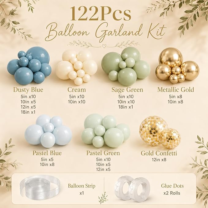 Jobkoo 122Pcs Dusty Blue Sage Green Balloon Garland Kit, Dino Green Slate Blue Beige Metallic Gold Confetti Balloon Arch Kit for Boho Birthday Woodland Safari Baby Shower Party Decorations