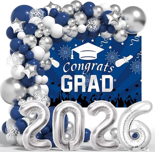 Graduation Decorations Class Of 2026: Navy Blue and Silver Graduation Decorations 2026 Graduation Balloons Arch Kit Congrats Grad Backdrop Party Supplies for High School & College Celebrations
