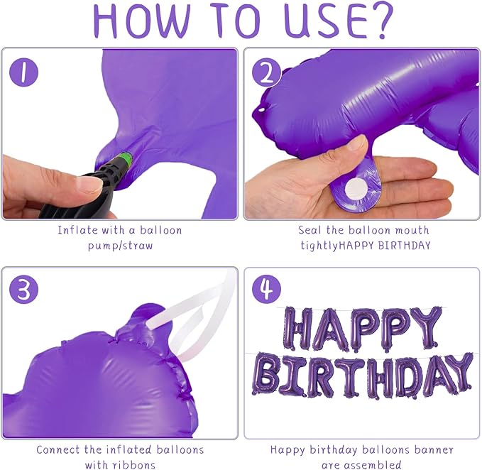 Dark Purple Happy Birthday Balloons Banner 16 Inch Mylar Foil Letters, Inflatable Party Decor and Birthday Decorations for Women, Men, Boys & Girls Kids and Adults, Reusable, Party Supplies