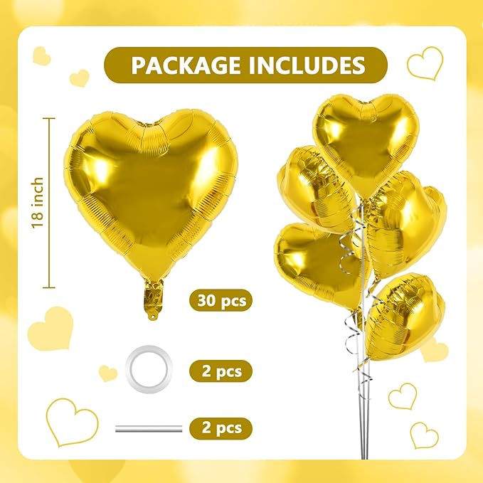 TONIFUL 30Pcs 18 Inch Gold Heart Balloons Gold Heart Shape Foil Mylar Balloons Decoration for Birthday Valentine's Day Wedding Bridal Shower Anniversary Engagement Party Supplies