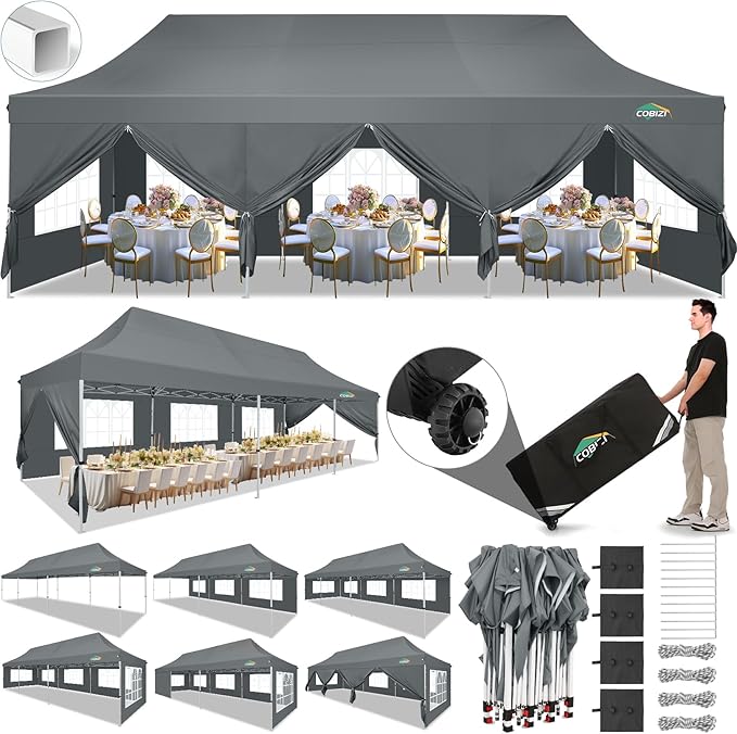 COBIZI 10x30 Pop Up Canopy with 8 Removable Sidewalls Party Tents for Parties Wedding Patio Commercial Waterproof and UV50+ Ez Outdoor Instant Gazebo with Roller Bag & 4 Sandbags（Slate Grey）