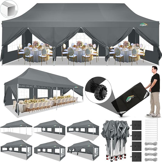 COBIZI 10x30 Pop Up Canopy with 8 Removable Sidewalls Party Tents for Parties Wedding Patio Commercial Waterproof and UV50+ Ez Outdoor Instant Gazebo with Roller Bag & 4 Sandbags（Slate Grey）