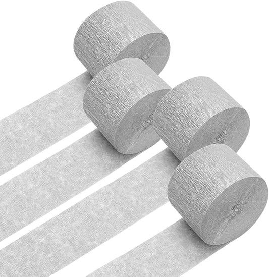 PIGETALE Crepe Paper Streamers 4 Rolls 328ft, Pack of Silver Party Streamers for Wedding Birthday Baby Shower Party Decorations Supplies DIY Art Crafts Hanging Banner Décor (1.8Inch x 82Ft/Roll)