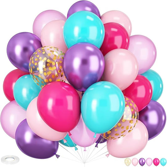 HILAVO Pink and Purple Balloons, 60PCS 12Inch Purple Pink Teal Blue Balloons and Gold Birthday Balloon for Girls Princess Birthday Mermaid Baby Shower Party Decorations