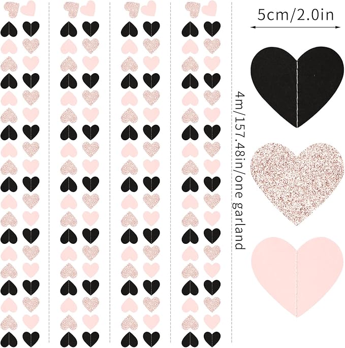Rose-Gold Black-Pink Valentines Party-Decorations Heart-Garland - 52ft Glitter Galentines Hanging Streamers Banner,Women Romantic Special Night Wedding Birthday Bachelorette Backdrop Decor Burgleda