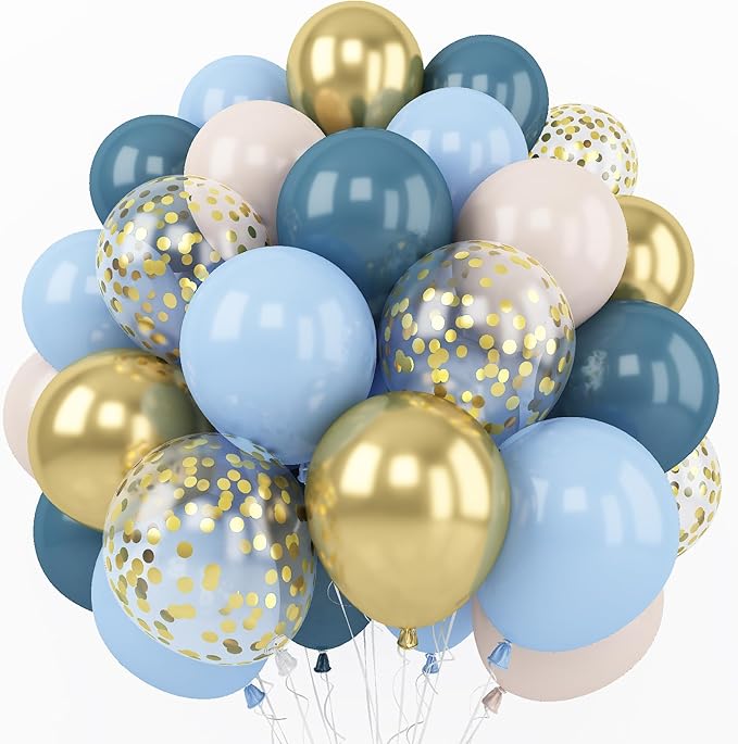 Togvu Dusty Blue Balloon Set, 60 Packs 12 Inches Metallic Chrome Gold Macaron Ocean White Sand Confetti Balloons for Boho Baby Shower Wedding Boy Birthday Graduation Decoration QQ-5023