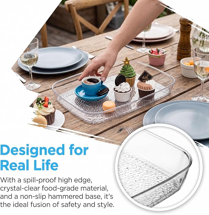 Lyellfe 4 Pack Clear Serving Tray, 15 x 10 Inch Deep Serving Platter, Spill Proof Decorative Coffee Table Perfume Tray for Bathroom, Dining Table, Vanity Cabinet