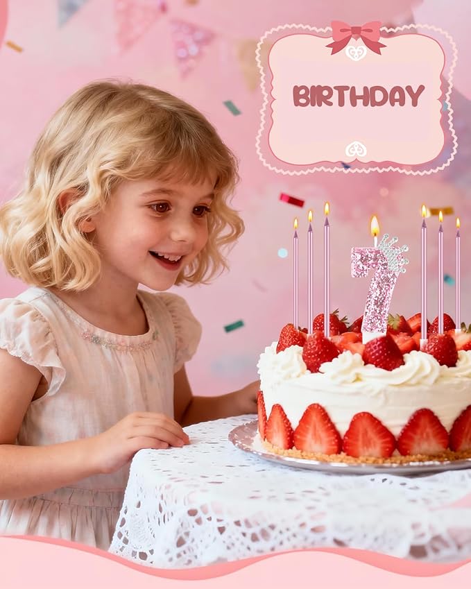 Birthday Candles for Cake, Pink Number Candles, Cake Candles with Greeting Card for Birthday Party Wedding Anniversary Celebrations (7 Candle, Silver Crown)