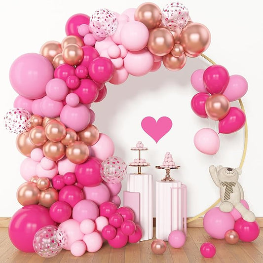 Amandir 153pcs Pink Balloon Garland Arch Kit, Different Sizes 18 12 10 5 inch Hot Pink Latex Metallic Confetti Rose Gold Balloons for Mothers Birthday Baby Shower Wedding Party Decorations