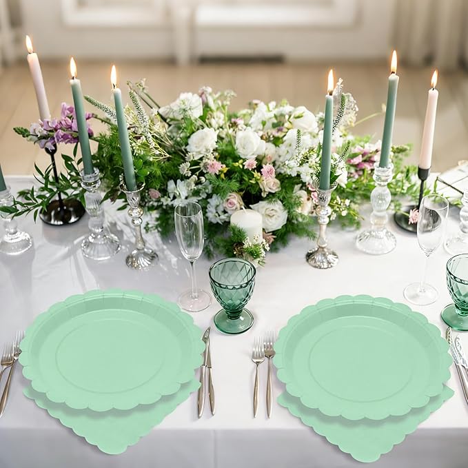 100Pcs Sage Green Plates and Napkins - Disposable Sage Green Scalloped Paper Plates & Napkins Serves 50,Green Party Supplies for Baby Shower Wedding Bridal Shower Birthday