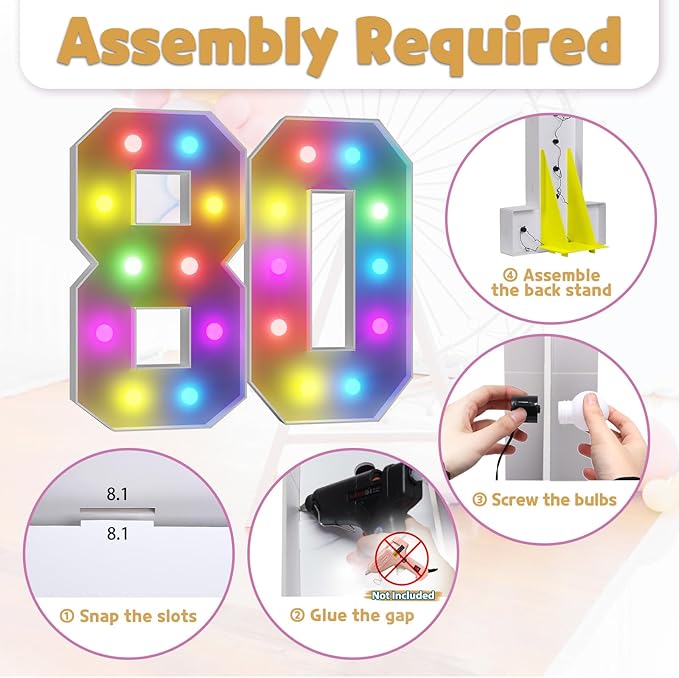 Marquee Numbers Colorful 80th Birthday Decoration: 4FT Large Light Up 80 Year Old Birthday Decorations Anniversary Backdrop Cardboard Sign 18 Colors Number 80 Mosaic Balloon Frame