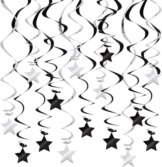 BEISHIDA Black Silver Stars Hanging Swirls Bachelorette Graduation Hanging Ornament Decorations for Birthday Party Supplies Congrats Grade 2026 Graduation Decorations,Pack of 15