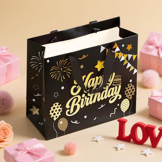 13” Black Birthday Gift Bag with Tissue Paper and Greeting Card, Happy Birthday Gift Bags for Party, Hot Foil Stamping Design Gift Wrap Bags Decor for Men, Women and Kids, 1 PCS, Medium Size