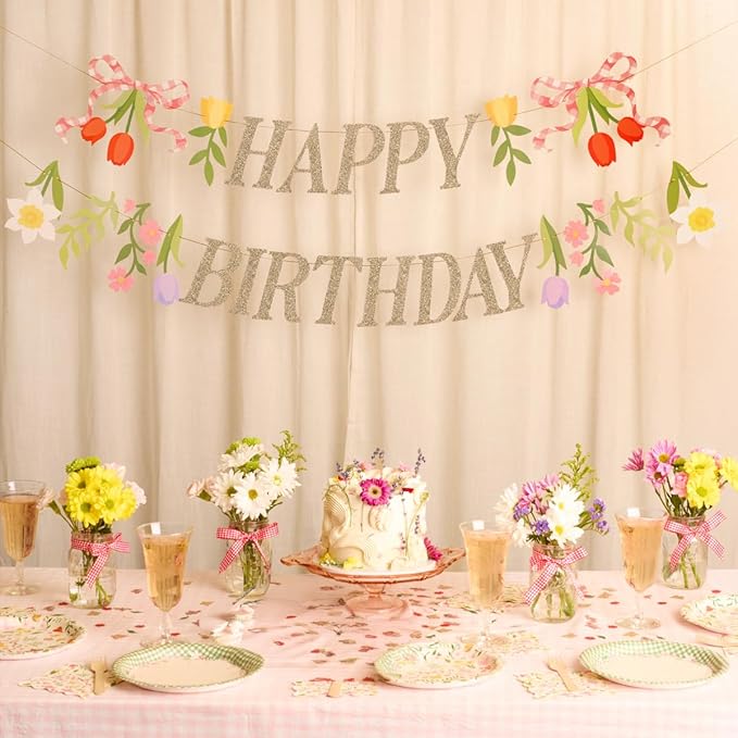 xo, Fetti Floral Happy Birthday Banner | Kids Party, Garden Theme, Tea Party Decorations, Tulips, Flower Garland, Pink, Farmers Market