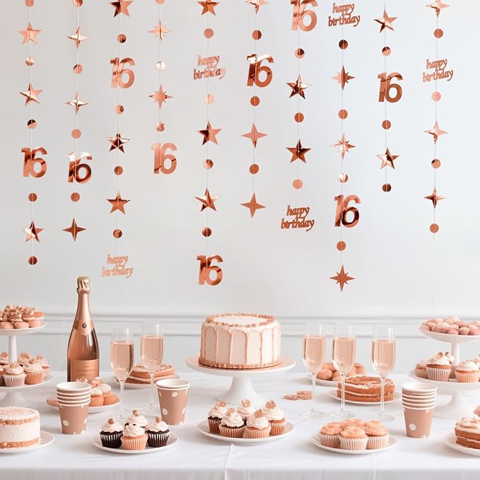 GCQQ 16th Birthday Decorations for Girls – 46FT Rose Gold Happy Birthday Number 16 Star Circle Dot Star Garland Set (14M) 4 Packs Pre-Strung Metallic Hanging Streamers for Sweet 16 Party Backdrop