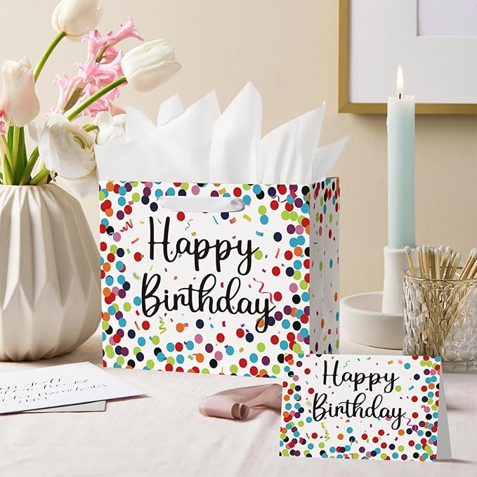 Horaldaily 13" Large Birthday Gift Paper Bags with Tissue Paper and Card, Happy Birthday Dots Streamers Gift Paper Bag for Men Women Kids Birthday,1Pcs