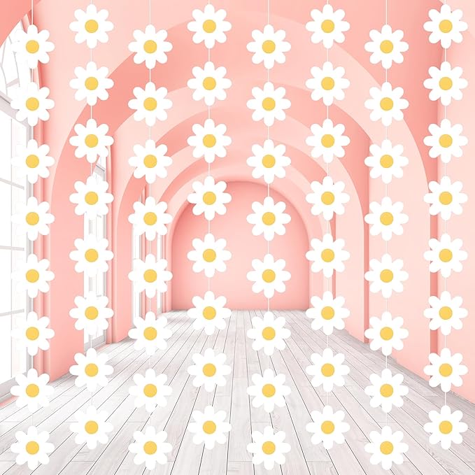 Pasimy 8 Pcs Daisy Boho Party Decorations Groovy Daisy Paper Garlands White Flower Hanging Garland Banner Hippie Flower Cutouts for Birthday Shower Wedding Party Favor Supplies (Classic,White)