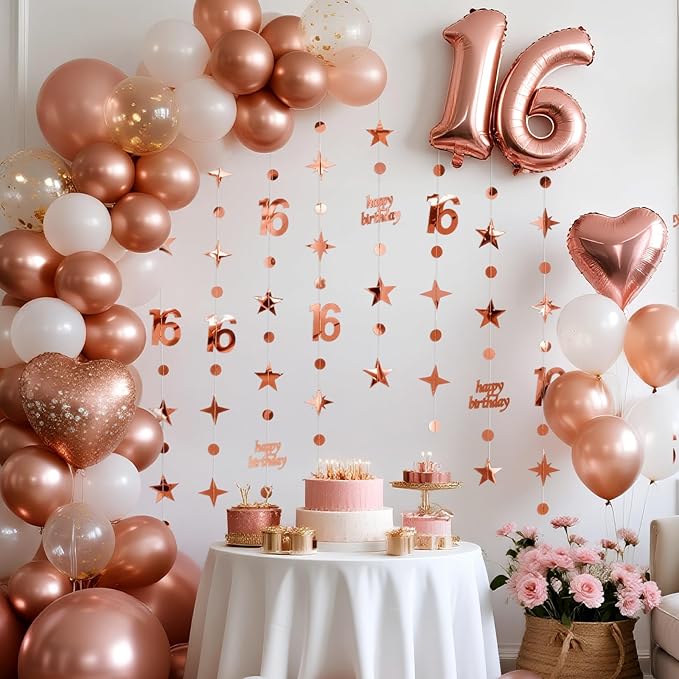 GCQQ 16th Birthday Decorations for Girls – 46FT Rose Gold Happy Birthday Number 16 Star Circle Dot Star Garland Set (14M) 4 Packs Pre-Strung Metallic Hanging Streamers for Sweet 16 Party Backdrop