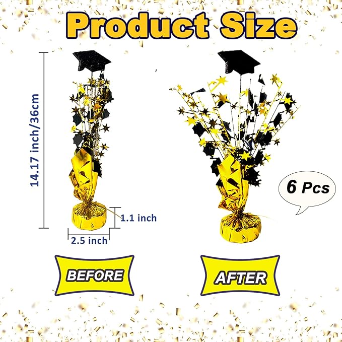 FUBININA 6 Pack 2026 Graduation Table Centerpiece Party Decoration Metallic Foil Spray Glitter Graduate Cap Decor Star Table Top for Graduation Parties Grad Ceremonies Party Favor, Black and Gold