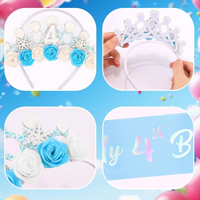 CUBACO 4th Birthday Crown Headband and Sash, 4 Year Old Girl Birthday Gifts for Blue Princess Crown, Frozen Party Decorations Favors for Girls Outfit