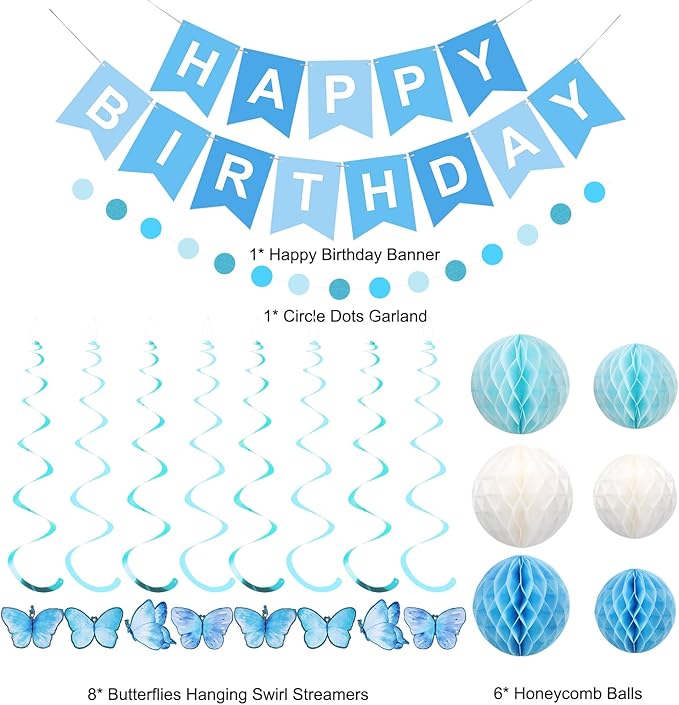 meowtastic Birthday Decorations, Happy Birthday Banner with Honeycomb Balls, Butterfly Hanging Swirl Streamers, Circle Dots Garland, Happy Birthday Party Decorations for Women Men Boys Girls (Blue)