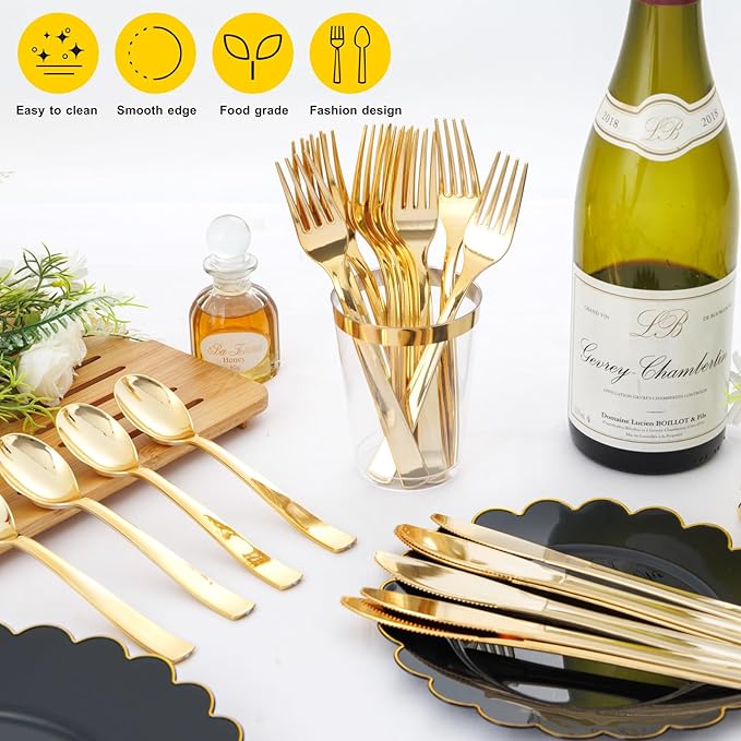 EI 360pcs Gold Plastic Silverware,Gold Silverware Disposable,Gold Forks and Spoons,Gold Plastic Cutlery include 120pcs Forks,120pcs Spoons and 120pcs Knives for Wedding,Afternoon Tea,Valentine's Day