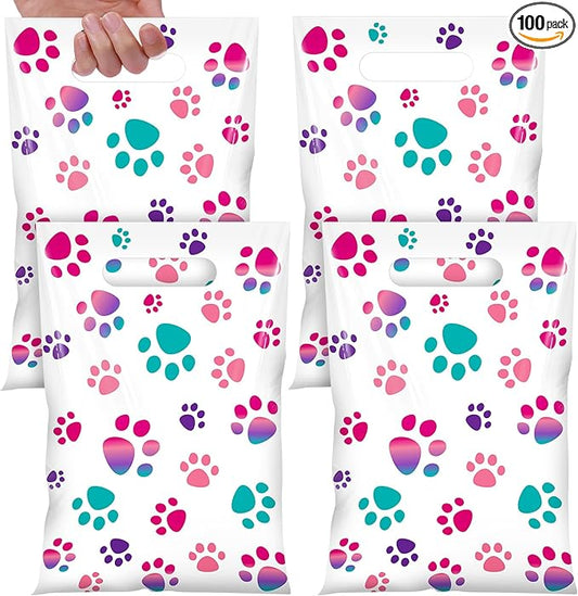 Pasimy 100 Pcs Dog Paw Gift Bags Bulk Pet Paw Puppy Plastic Treat Favor Candy Goodie Bags with Handle for Dog Birthday Party Decoration Supplies(Pink Series)