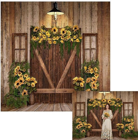 Kate Rustic Wooden Barn Door Backdrop 8x8ft Vintage Sunflower Garland Photography Background Country Style Shabby Chic Wall for Birthday Party Baby Shower Wedding Photo Booth Props