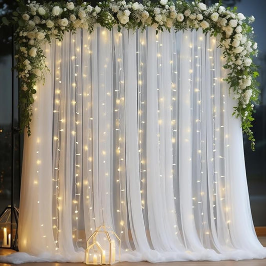 10x10ft White Tulle Backdrop Curtain with Lights String for Parites, Sheer Curtain Backdrop Drapes for Wedding Baby Shower Bridal Shower Birthday Party Photography Background Decoration
