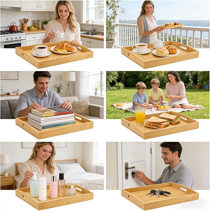 GOLD HONEY Bamboo Serving Tray with Handles Set of 2 - Decorative Wooden Tray for Living Room, Bathroom, Suitable for Used in Bedroom, Kitchen, Coffee Table, Outdoor and Storing - 17x13in, 16x12in