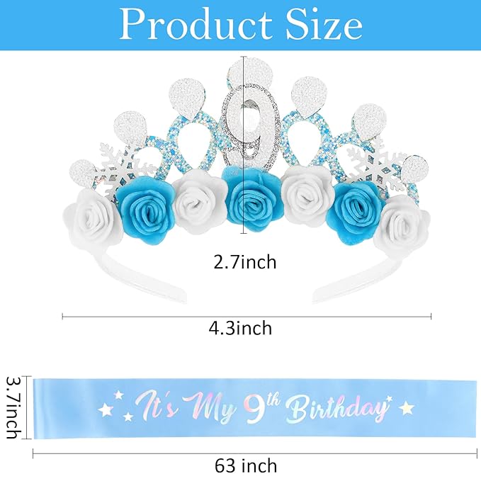 CUBACO 9th Birthday Crown Headband and Sash, 9 Year Old Girl Birthday Gifts for Blue Princess Crown, Frozen Party Decorations Favors for Girls Outfit